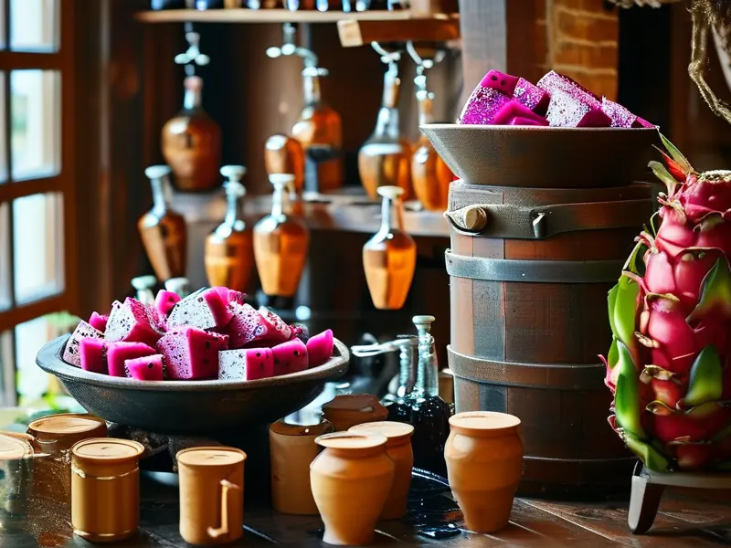 火龙果酒制作原料与器具展示图