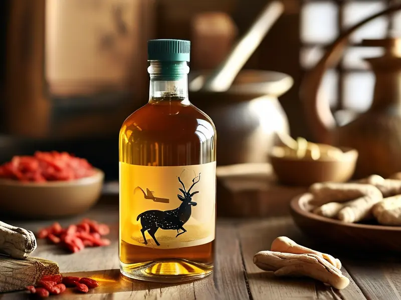 自制鹿鞭酒成品与原料展示