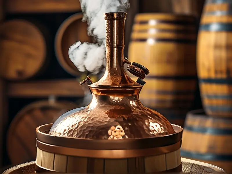 铜制蒸馏器酒精蒸汽冷凝过程实拍图