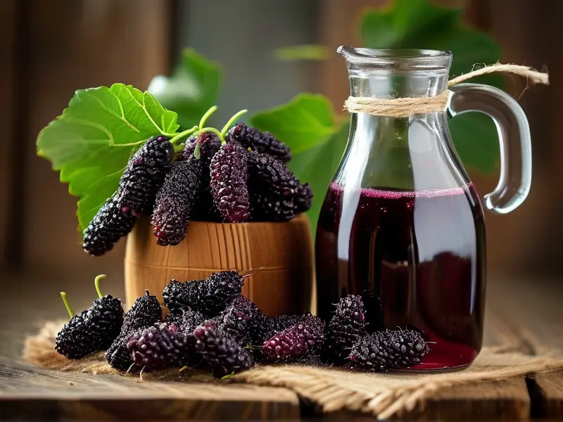 新鲜桑葚与玻璃发酵罐展示桑葚酒制作过程