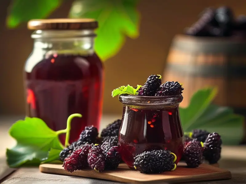 新鲜桑葚与自制桑葚酒展示