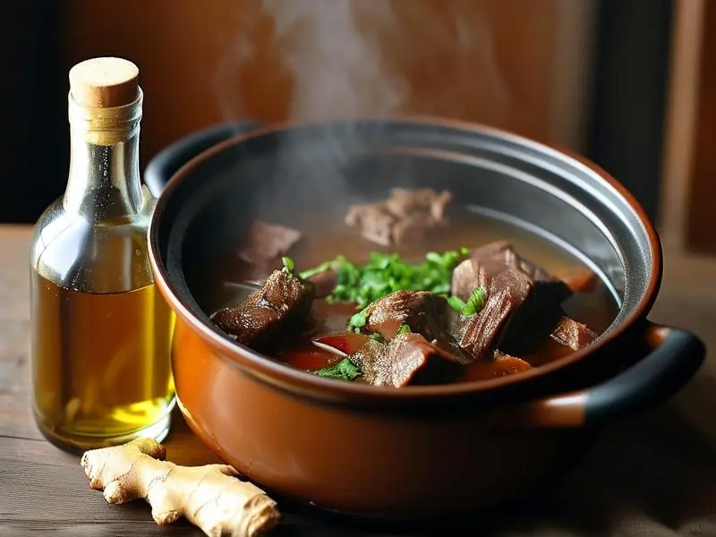 煮牛肉放酒的烹饪过程