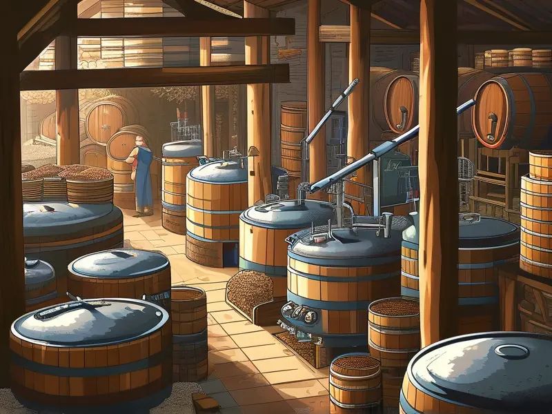传统作坊内工人操作酿酒设备的场景