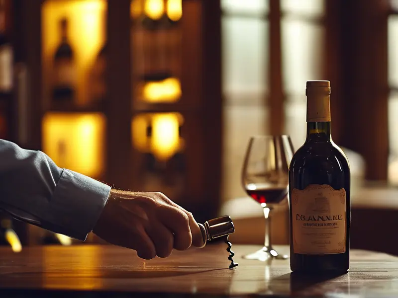 专业人士使用开瓶器开启白兰地酒瓶