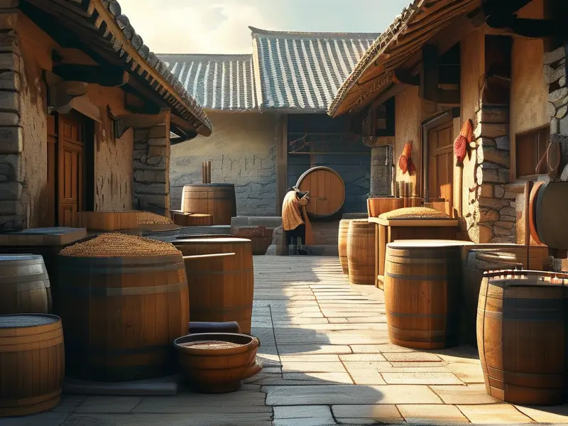 古代酿酒坊的传统酿酒场景