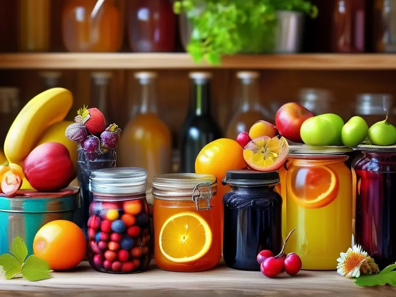 不同水果在玻璃罐中发酵制作果酒的过程