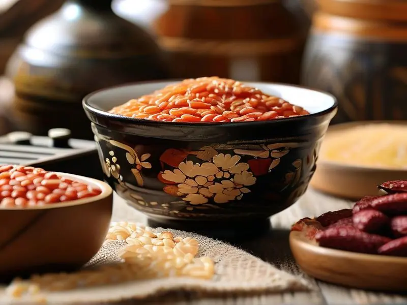 红曲甜米酒成品与原料展示