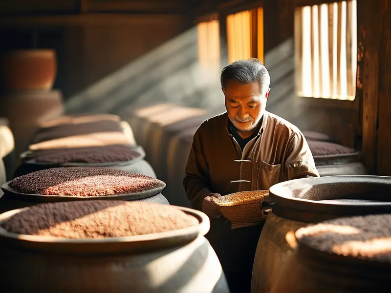 酱香型白酒酿造大师在传统作坊中检查酒醅