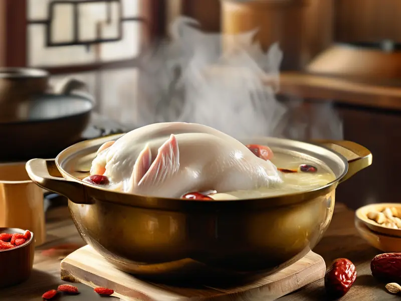 酒炖鸽子的成品图，展示鲜嫩的鸽肉和浓郁的汤汁