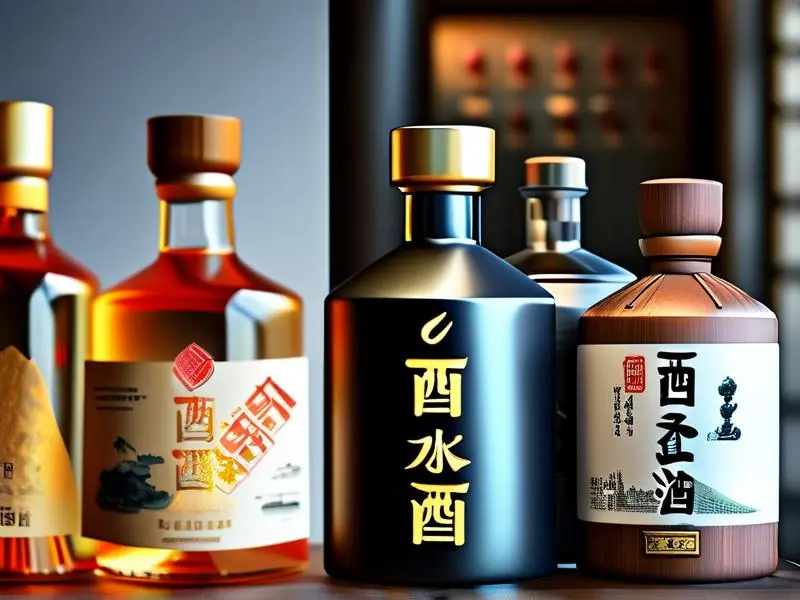 白酒商标特写，展示酿酒和勾兑酒的不同标识