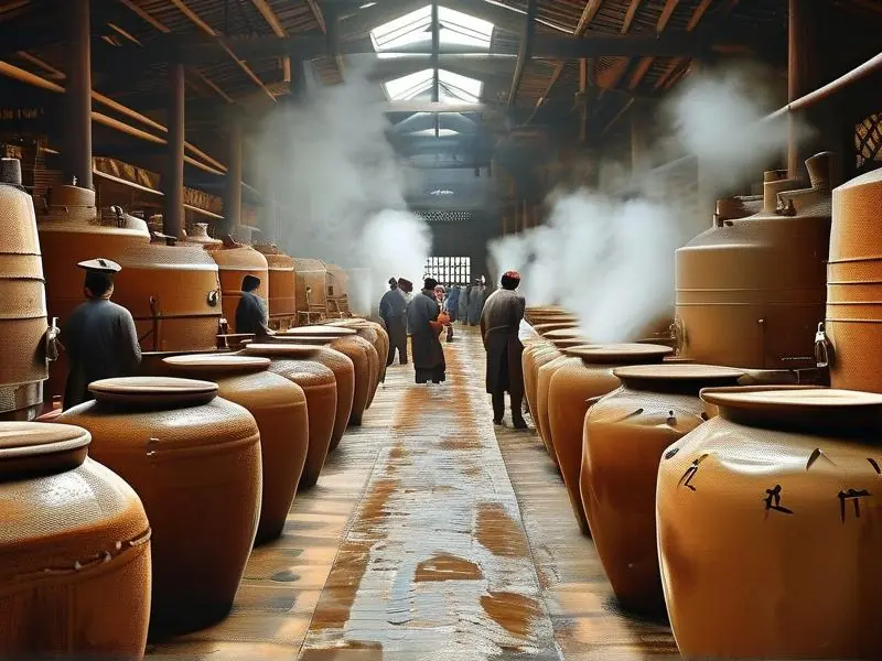 传统浓香酒酿造工坊展示发酵过程