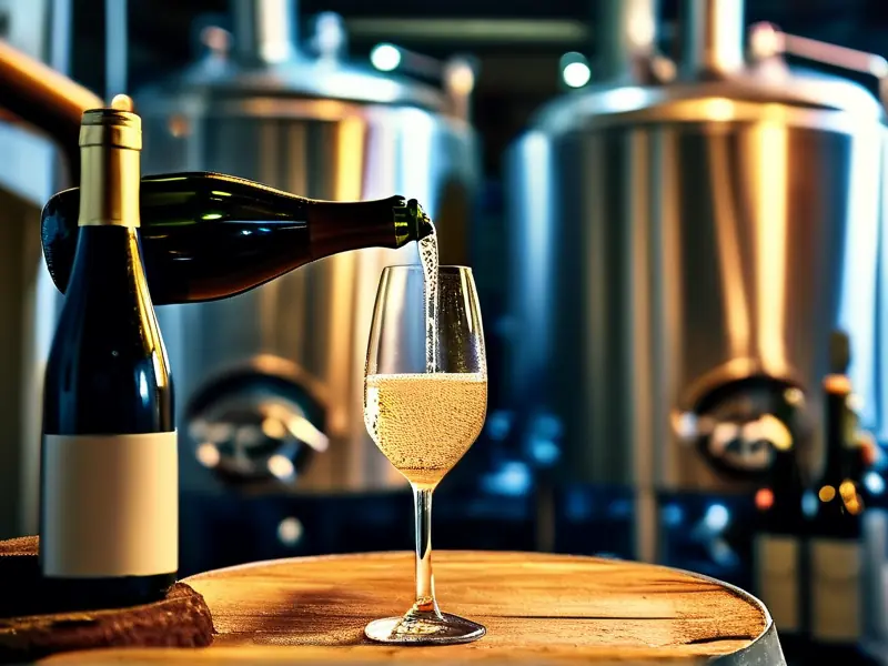 专业酿酒师在设备齐全的酒厂中精心倒起泡酒