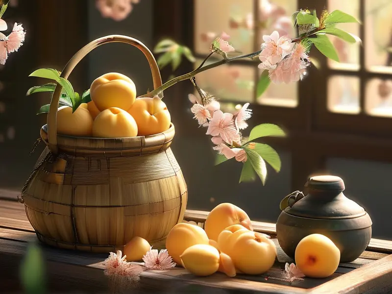 采集新鲜桃花用于酿造桃花酒的传统场景