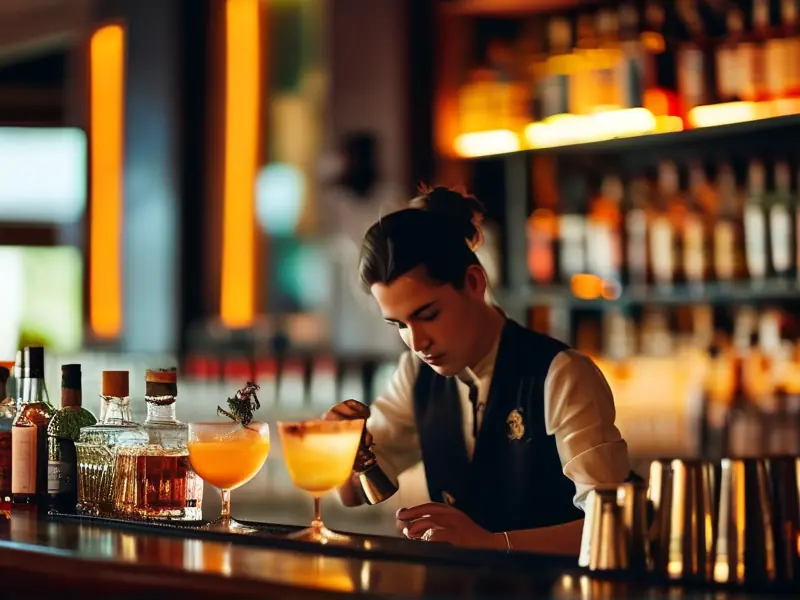 专业调酒师在调酒培训学校学习调制鸡尾酒