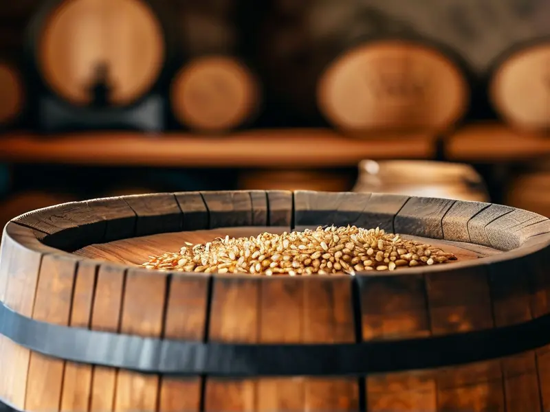 威士忌酿造原料与橡木桶陈酿过程实拍