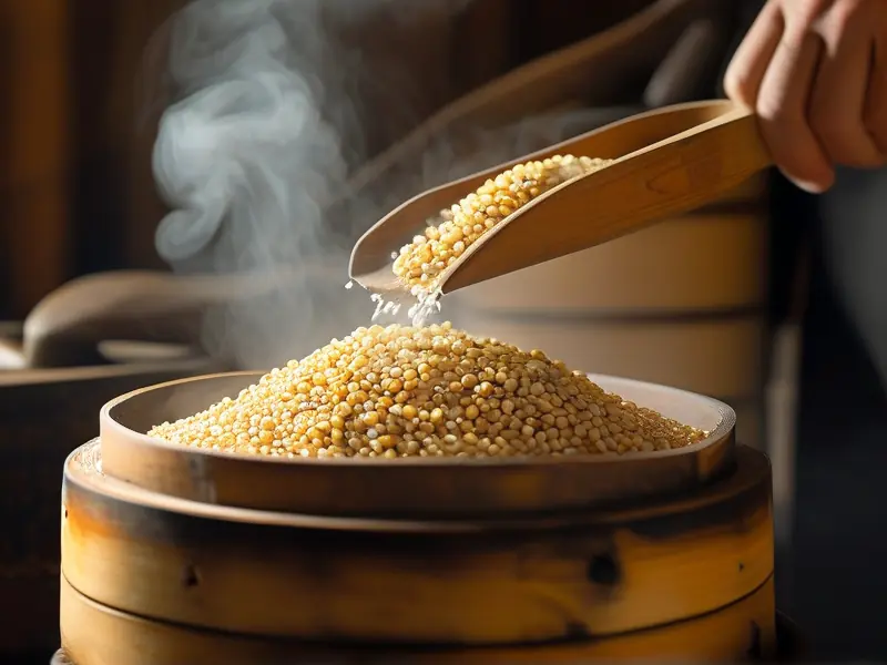 传统方法蒸煮高粱的实景操作演示