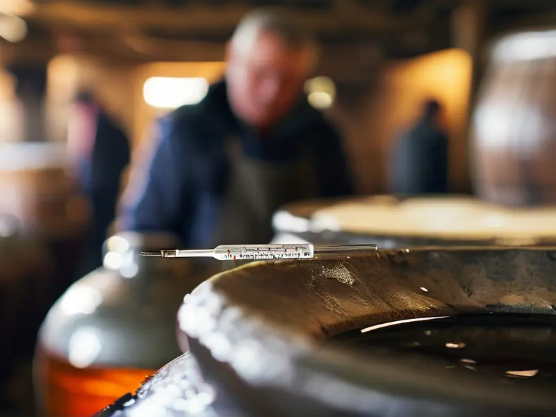 酿酒师使用温度计监测白酒发酵缸内温度