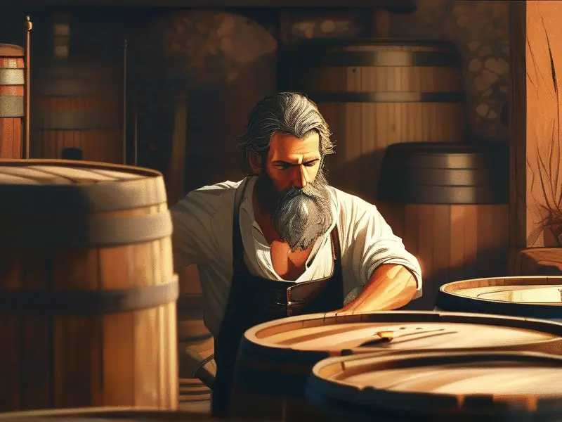 传统酿酒师在酒坊中工作