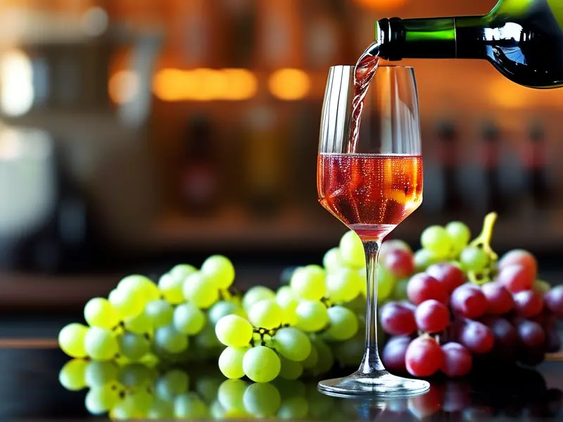 桃红葡萄酒倒入玻璃杯的特写，背景有葡萄和酿酒工具