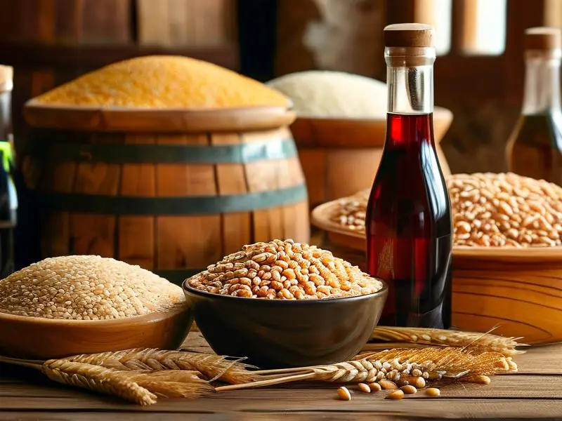 多种粮食原料与白酒瓶对比展示