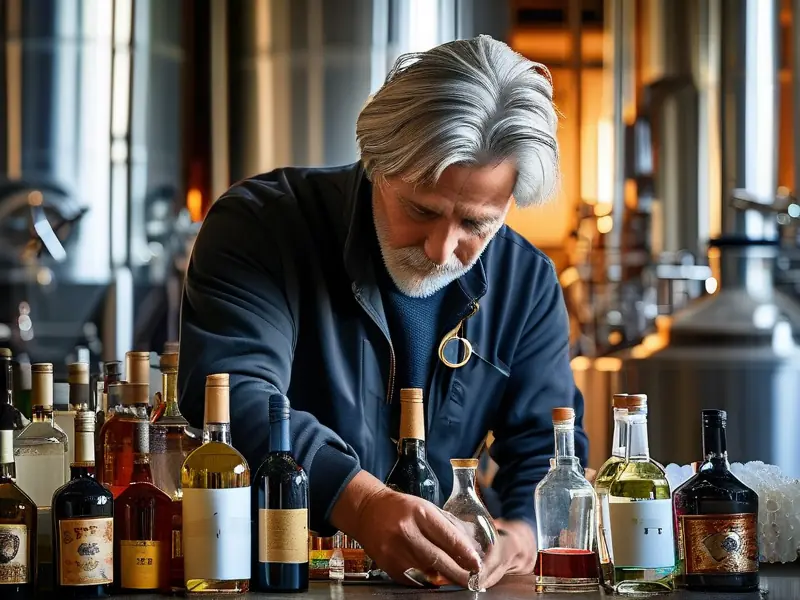 白酒勾兑师在实验室中调配白酒