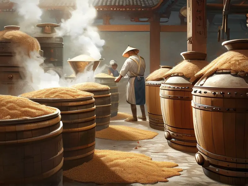 传统白酒酿造过程展示高粱蒸煮与发酵