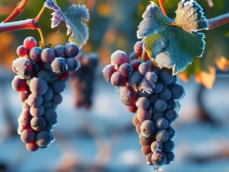 冬季葡萄园中结冰的葡萄特写