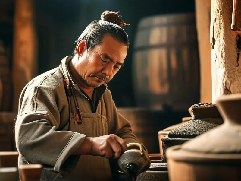 古法酿造纯粮酒的传统工艺展示