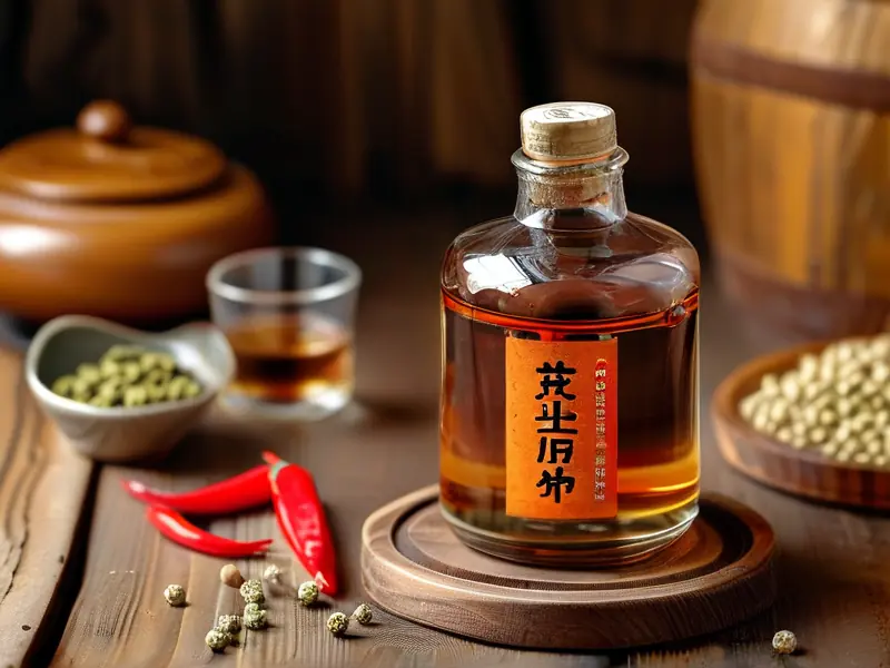 自制花椒泡酒成品展示及原料摆放