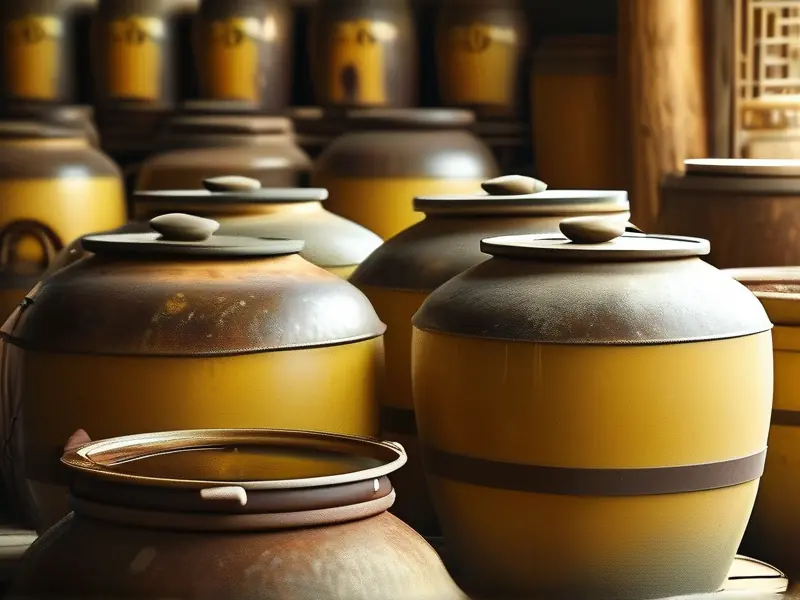 传统黄酒酿造过程展示糯米、小麦和发酵缸
