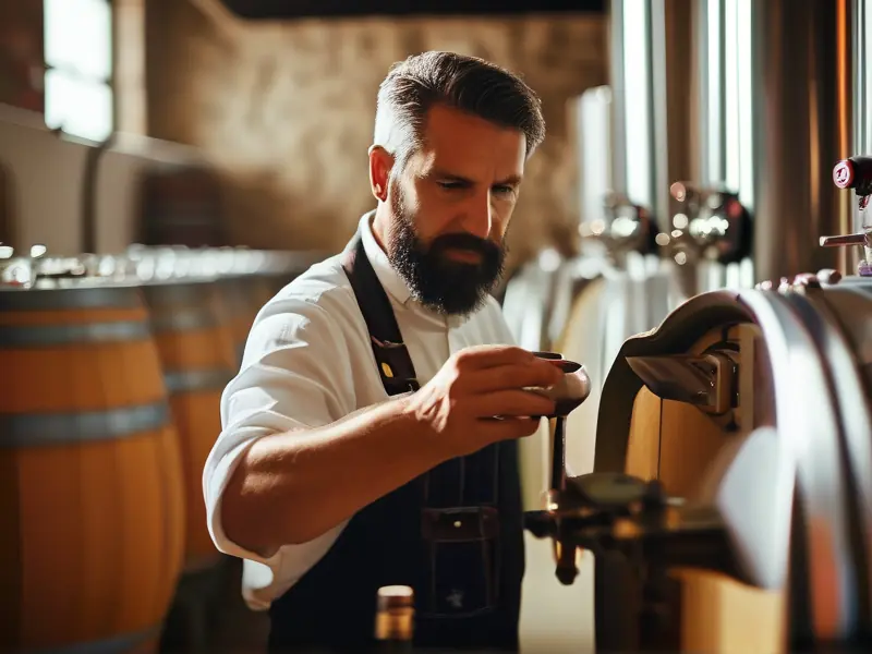 酿酒师检查发酵桶中的酒液