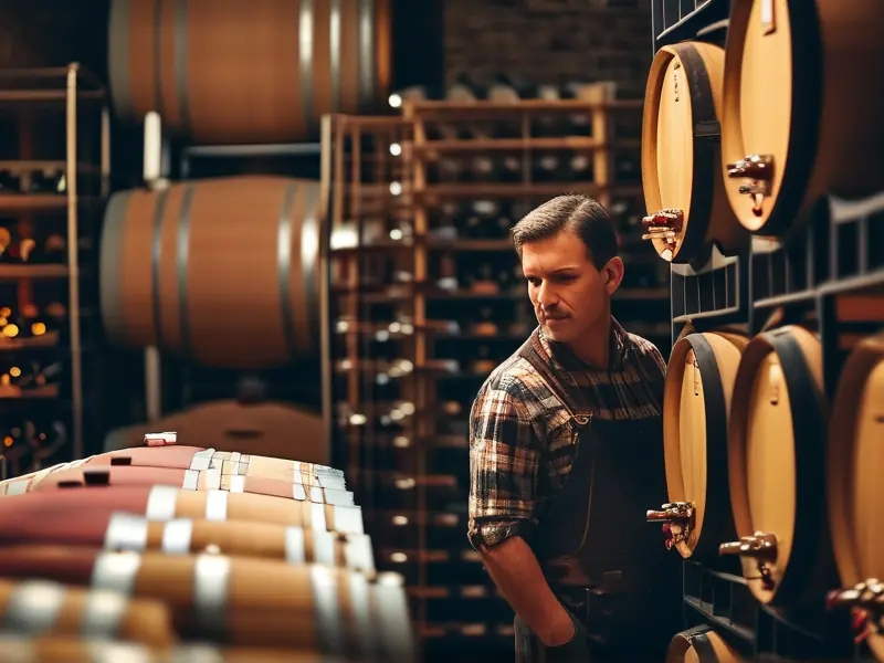 酿酒师在酒窖中检查酒桶