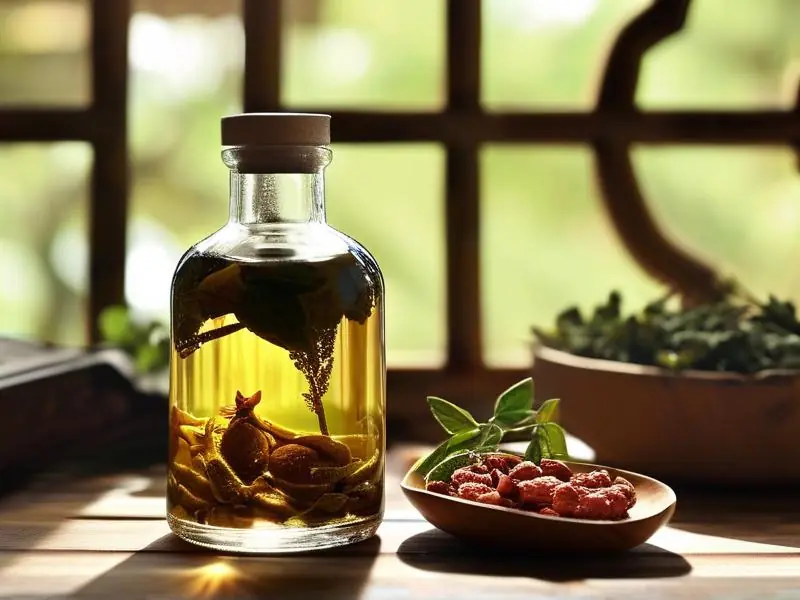 鹿茸与中药材泡制在透明玻璃酒罐中的高清图片