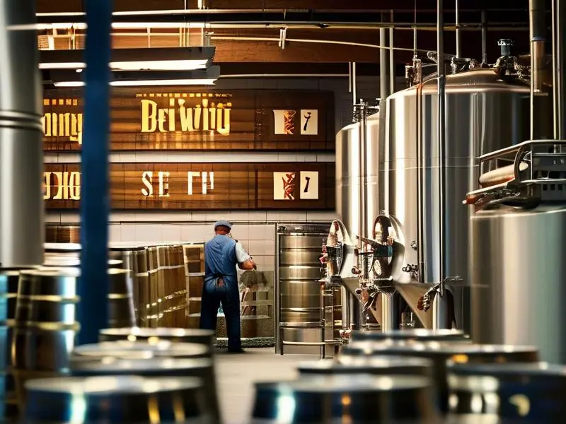 酿酒车间内工人操作设备，背景有酒桶和发酵罐，墙上贴有酿酒标准代号标识