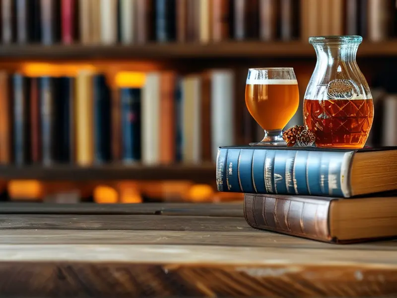 酿酒的书籍推荐：多本酿酒书籍堆叠在木桌上，背景有一杯自酿酒