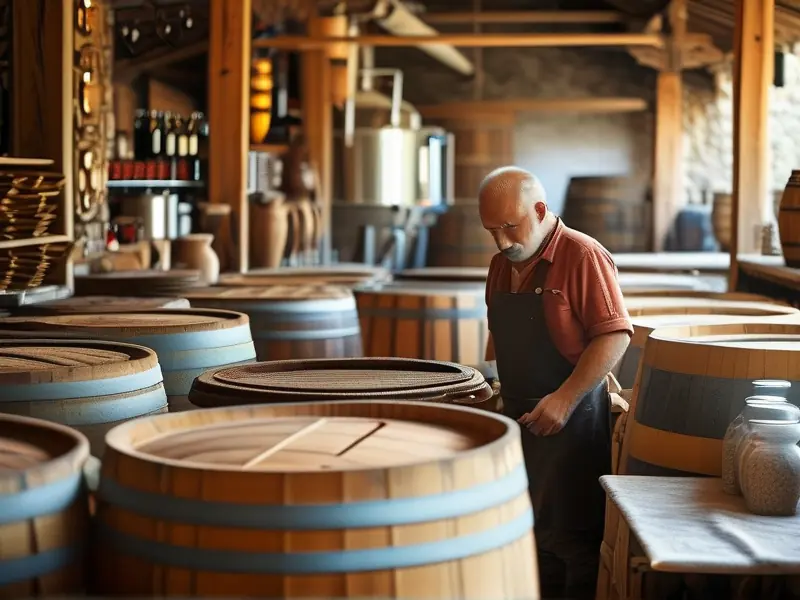 酿酒师傅检查发酵桶中的酒液
