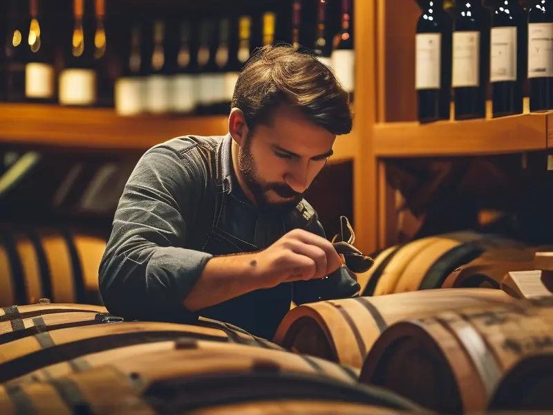 酿酒师在现代化酒厂中检查酒样并查看资格证书