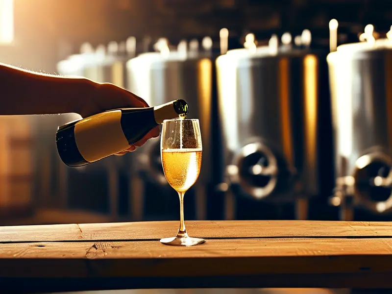 专业酿酒师在现代化酒厂中精心倒起泡酒