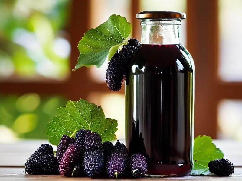 新鲜桑葚与玻璃酿酒罐展示桑葚酒的制作过程