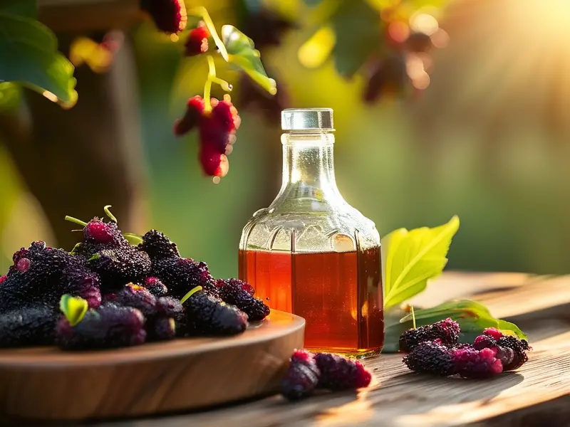 新鲜桑葚和酿酒工具准备制作桑葚酒