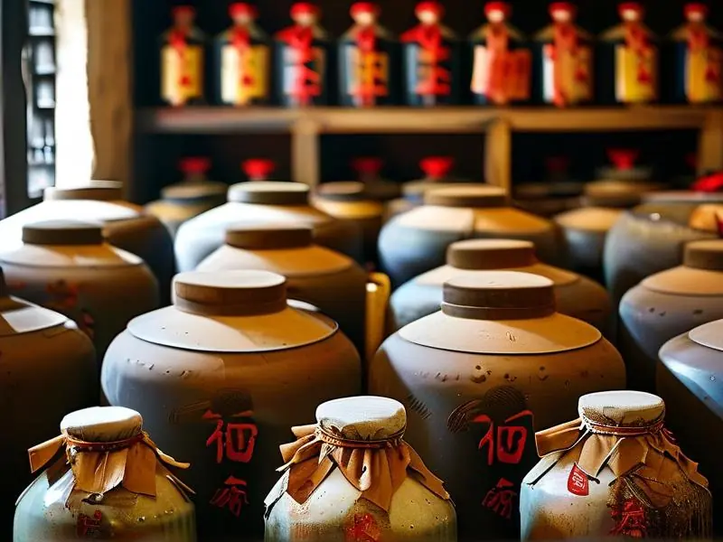 传统陶坛陈放新酿白酒的窖藏场景