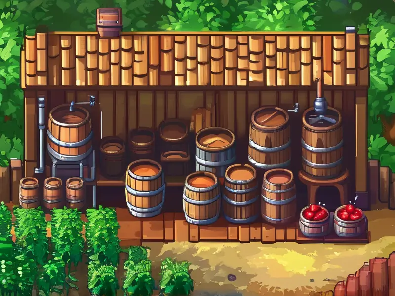 星露谷酿酒场景展示不同品质水果和酿酒桶
