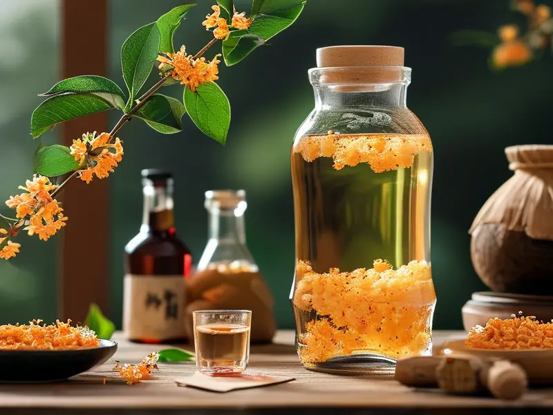 新鲜桂花泡酒制作原料和工具展示