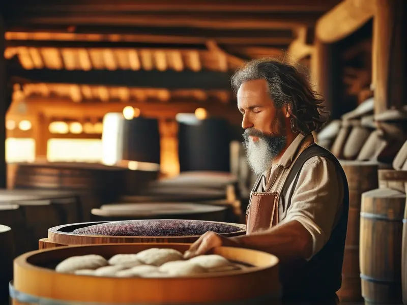 酿酒师在传统酒坊中检查白酒发酵过程