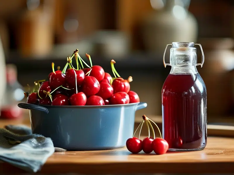 家庭自制樱桃酒原料与成品展示