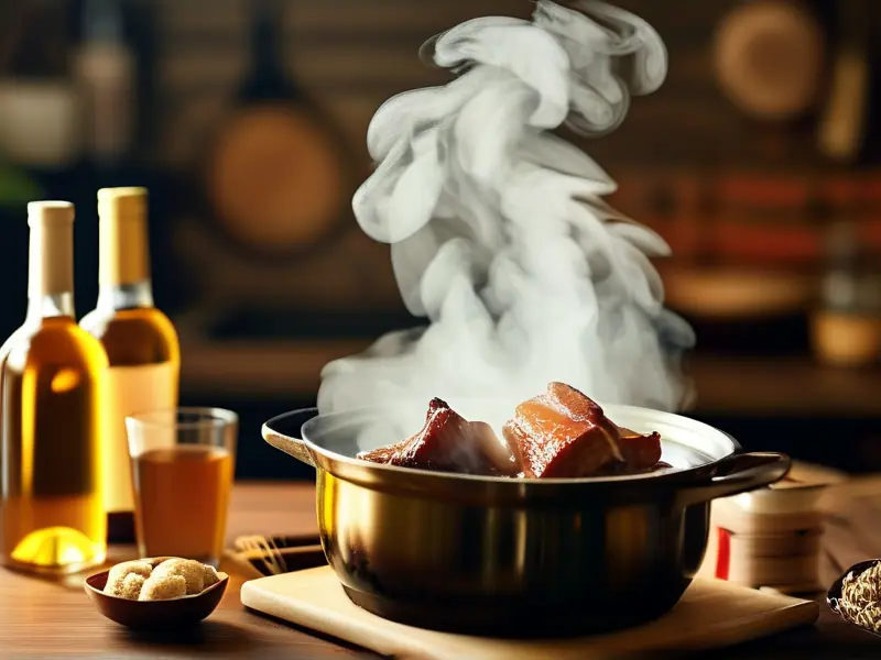 用酒煮肉的烹饪过程