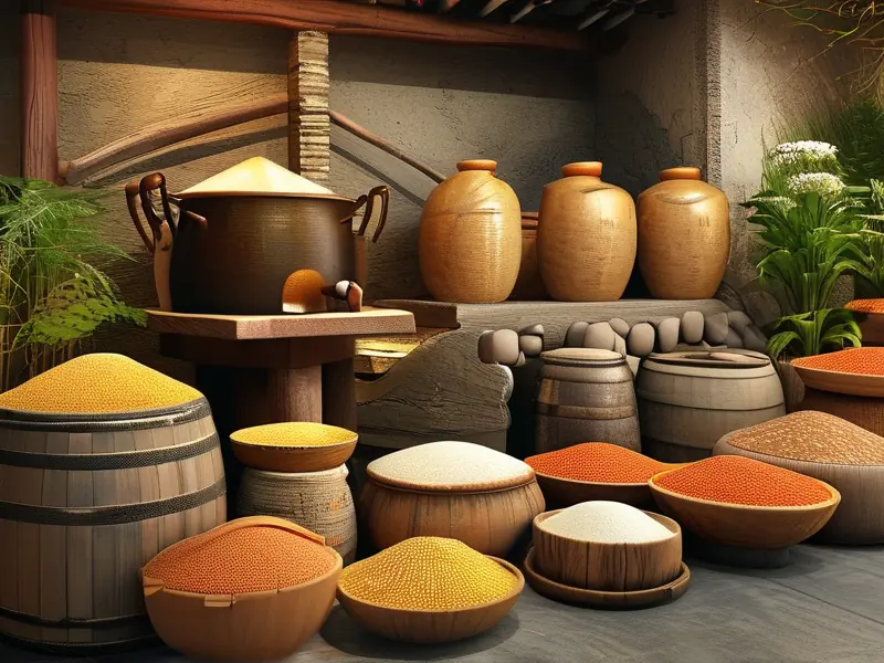 多种粮食酿造的酒类展示及传统酿酒工具