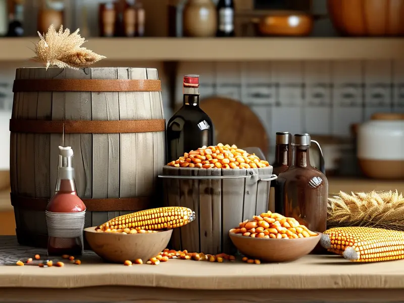 家庭玉米酿酒工具与原料展示