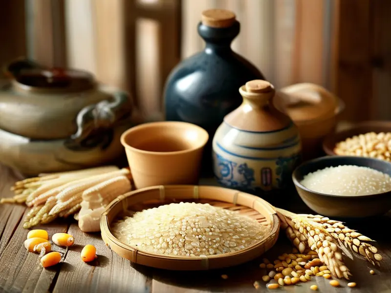 制作白酒的原料展示：高粱、小麦、玉米等核心材料