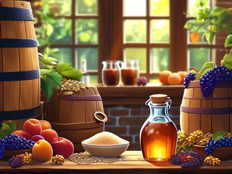 自家酿酒材料准备与发酵过程示意图